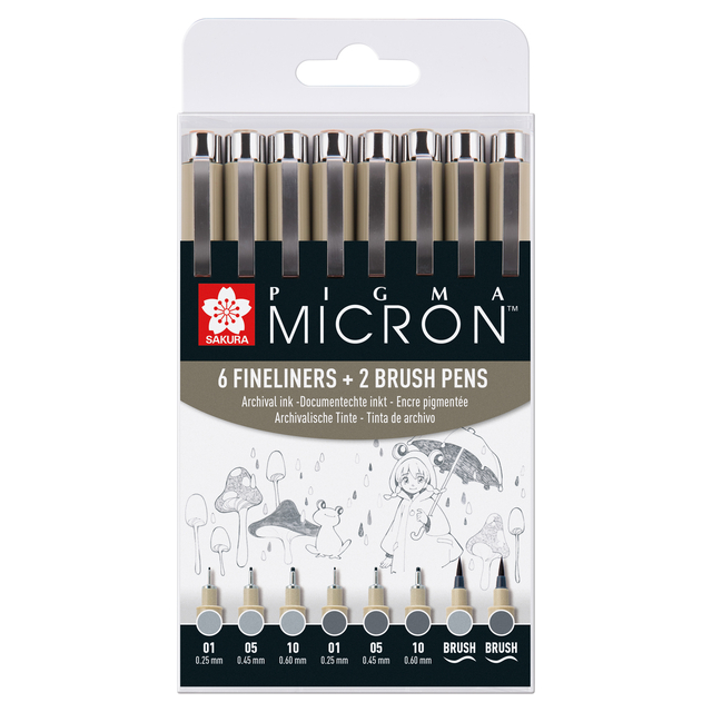 Fineliner en brushpen Sakura Pigma Micron koudgrijs set à 8 stuks assort