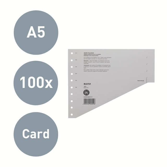Scheidingsbladen Leitz A4 karton 200gr 11-gaats grijs 100 stuks