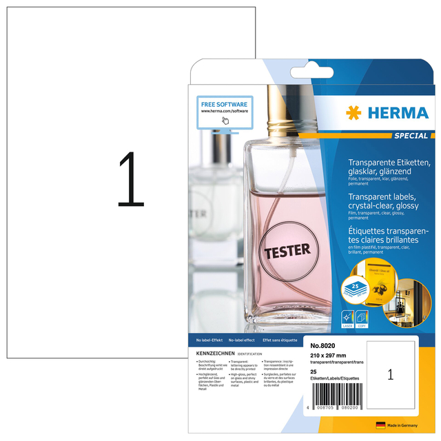 Label HERMA 8020 210x297mm transparent 25 labels
